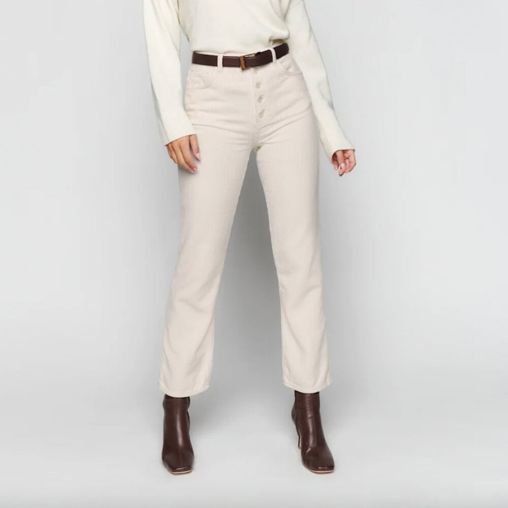 Reformation Cynthia Button Fly High Rise Straight Corduroy Pants in Cream